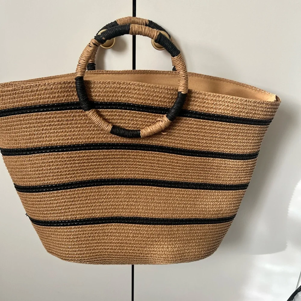 Stylish Tan and Black Woven Tote Bag
